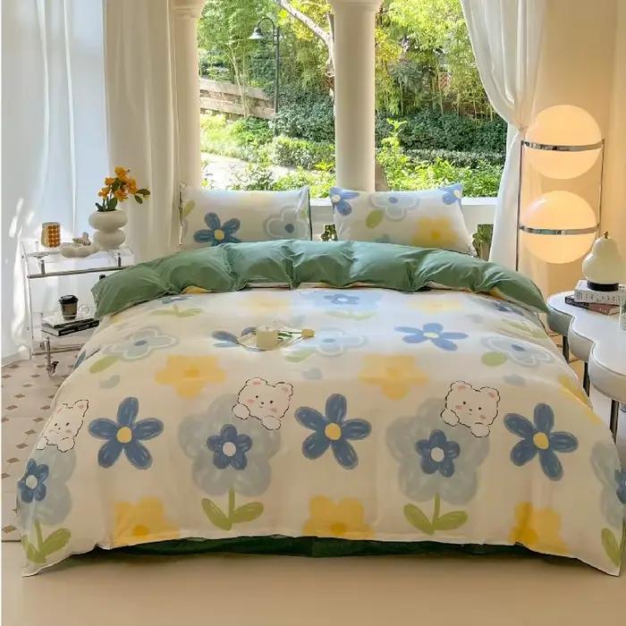 Ensemble de literie imprimé ours Kawaii pour la maison, housse de couette florale, taie d'oreiller,