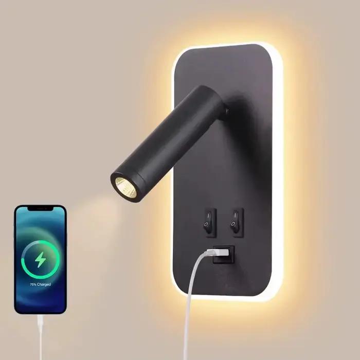 Applique murale rotative à LED avec interrupteur et port USB, lampe de lecture, applique murale, che