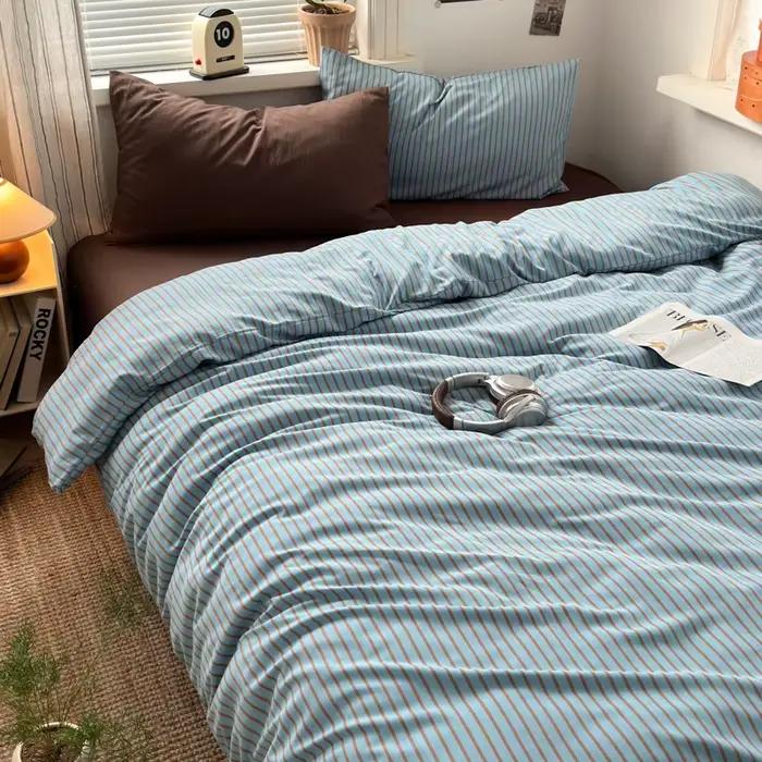 Parure de lit en coton lavé doux, rayures bleues et marron, avec 2 taies d'oreiller, pour la décorat