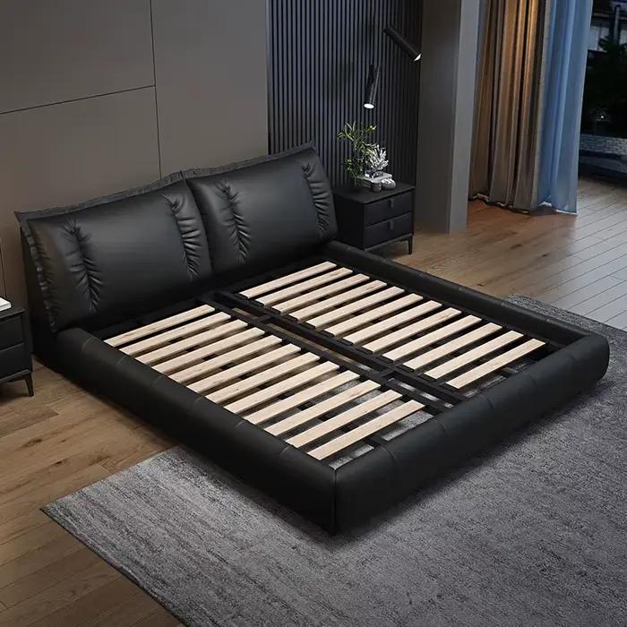 Lit de chambre en cuir pleine fleur, décoration esthétique, lit noir pour 2 personnes, design nordiq