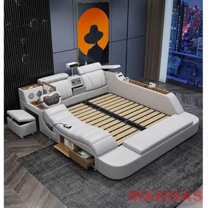 Lit en cuir véritable taille King/Queen, lit intelligent moderne avec projecteur, USB, haut-parleur,