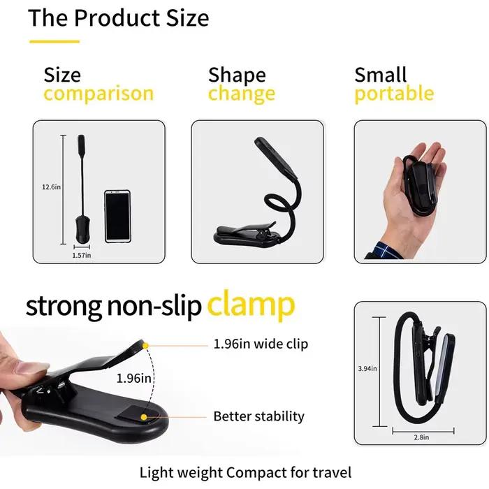 Lampe de lecture Rechargeable Mini 7 LED, 3 niveaux, blanc chaud et froid, Flexible, facile à clipse