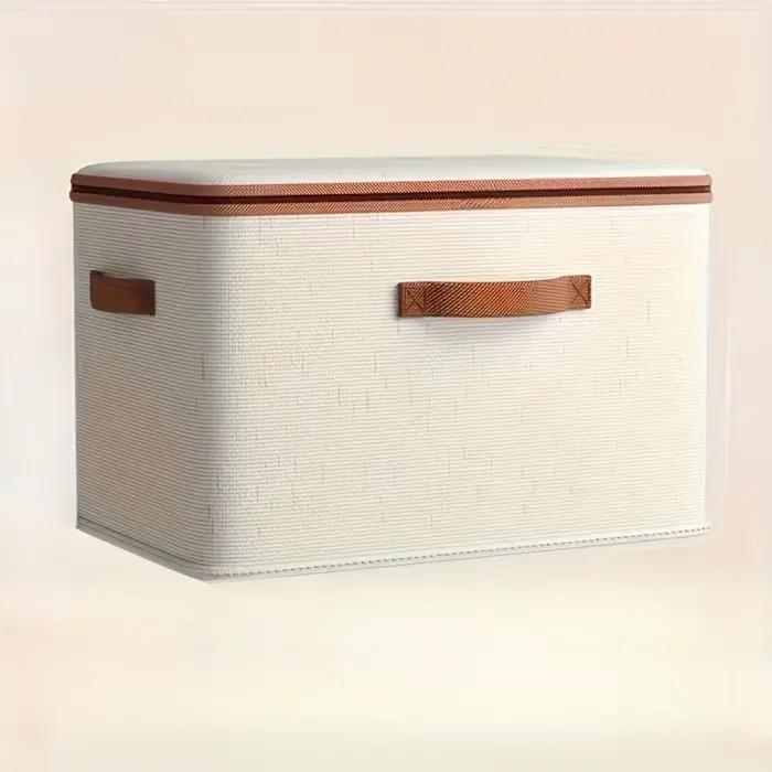 Boîte de rangement pliable en lin avec doubles fermetures éclair et poignée en simili cuir, panier d