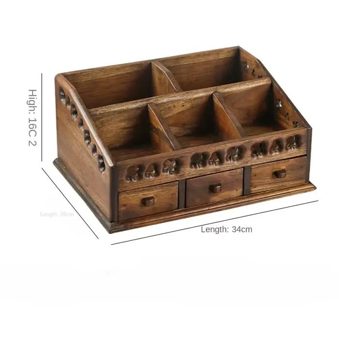 Boîte de rangement en bois massif sculptée à la main