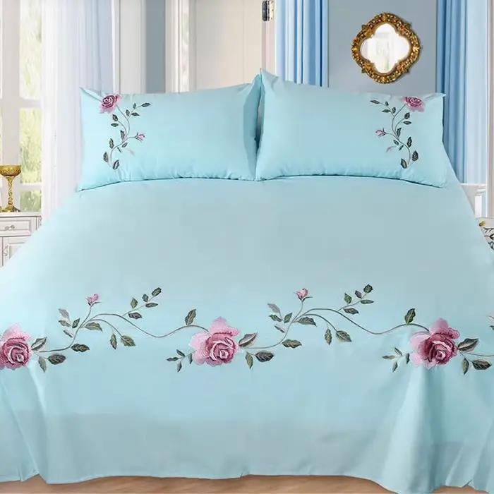 WASART Rose flore broderie design drap plat couleur unie coton sergé lin literie luxe maison textiles reine roi taille