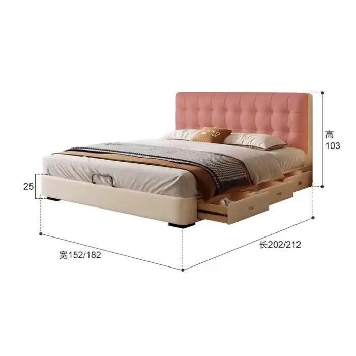 Cadre de lit crème minimaliste en bois et cuir avec rangement