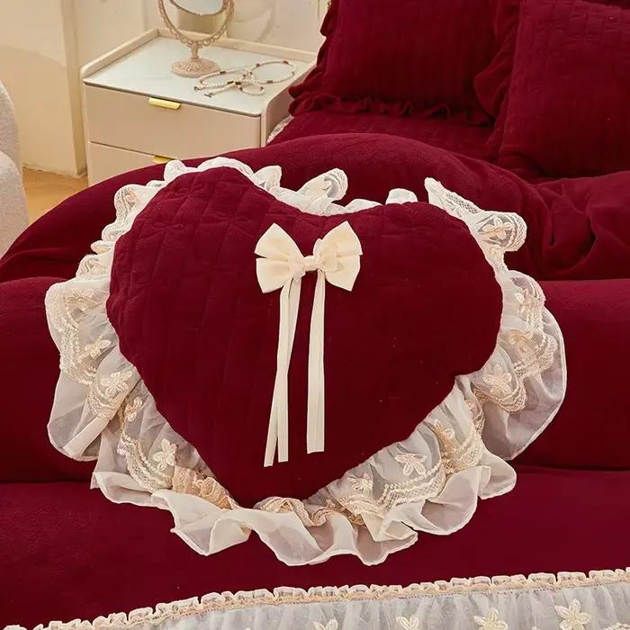 4/5 pièces hiver chaud épaissi lait velours dentelle princesse bordeaux rouge ensemble de literie housse de couette