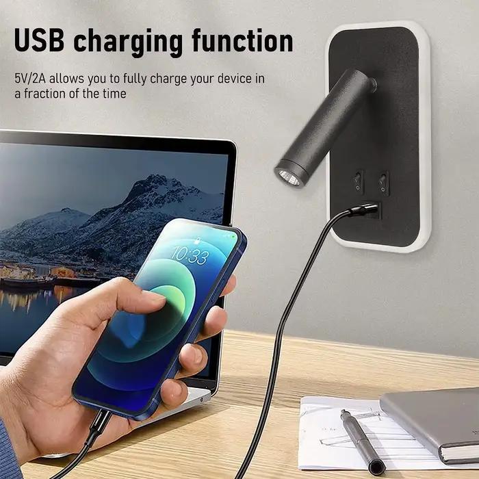 Applique murale rotative à LED avec interrupteur et port USB