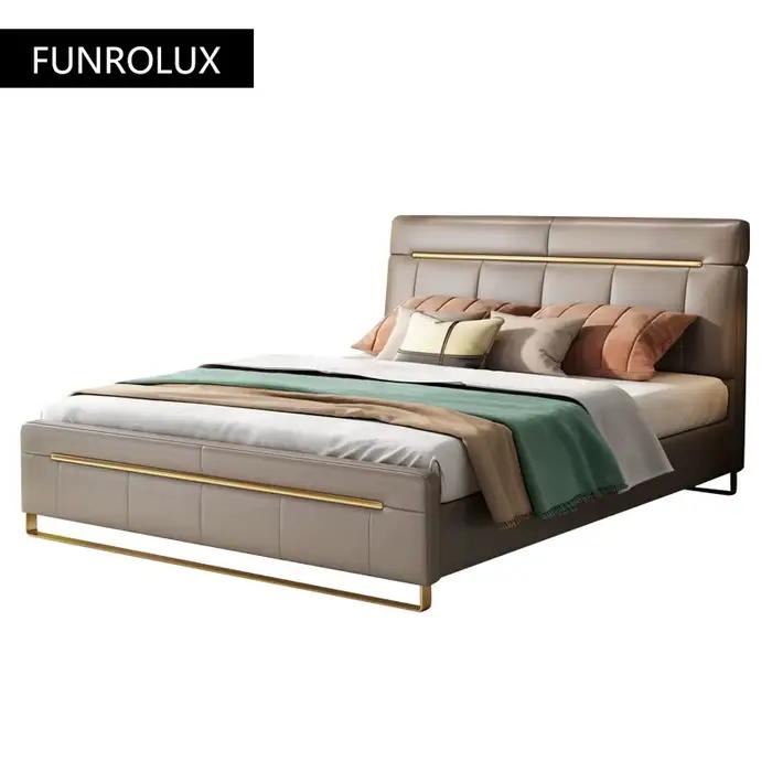 Lit double minimaliste en cuir pour chambre à coucher