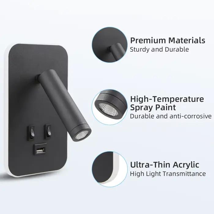 Lampe murale de lecture avec USB 13W, applique murale de chevet rotative, Double interrupteur, spots LED pour chambre à coucher