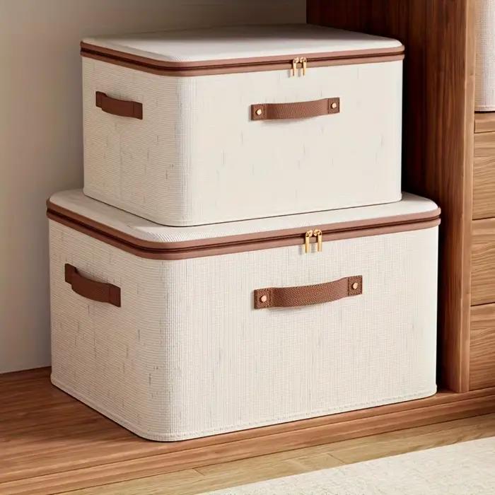 Boîte de rangement pliable en lin avec doubles fermetures éclair et poignée en simili cuir