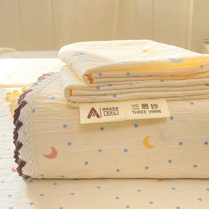 Nouvelle Arrivée 2026 – Drap de Lit en Tissu Crêpe avec Bordure en Dentelle – Conception Triple Couche