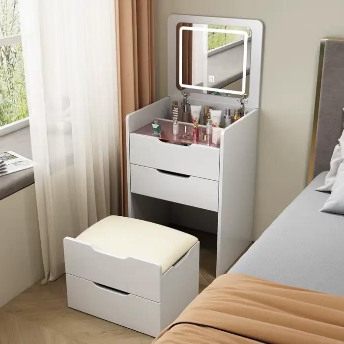 Table de maquillage moderne en bois avec lumières LED et petits rangements pour la chambre à coucher