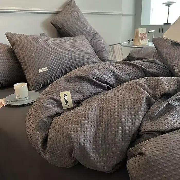 Ensemble de literie de luxe en coton gaufré lavable léger