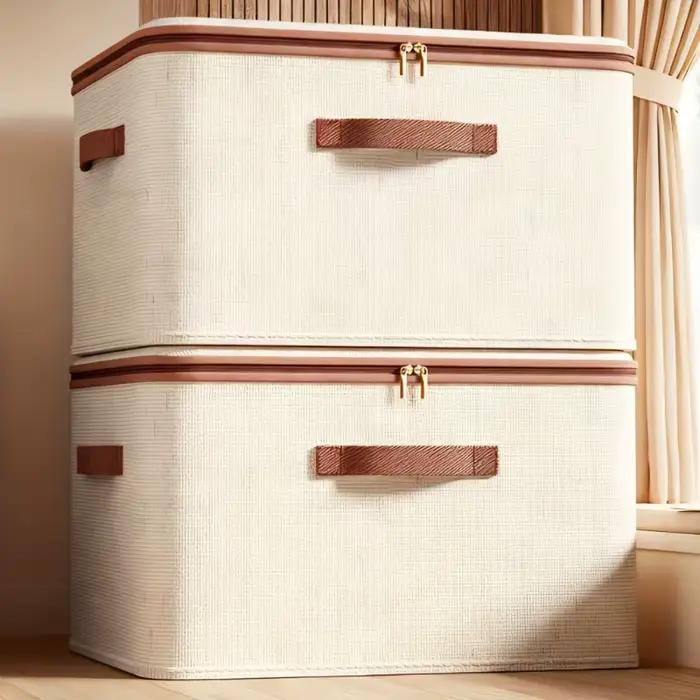 Boîte de rangement pliable en lin avec doubles fermetures éclair et poignée en simili cuir