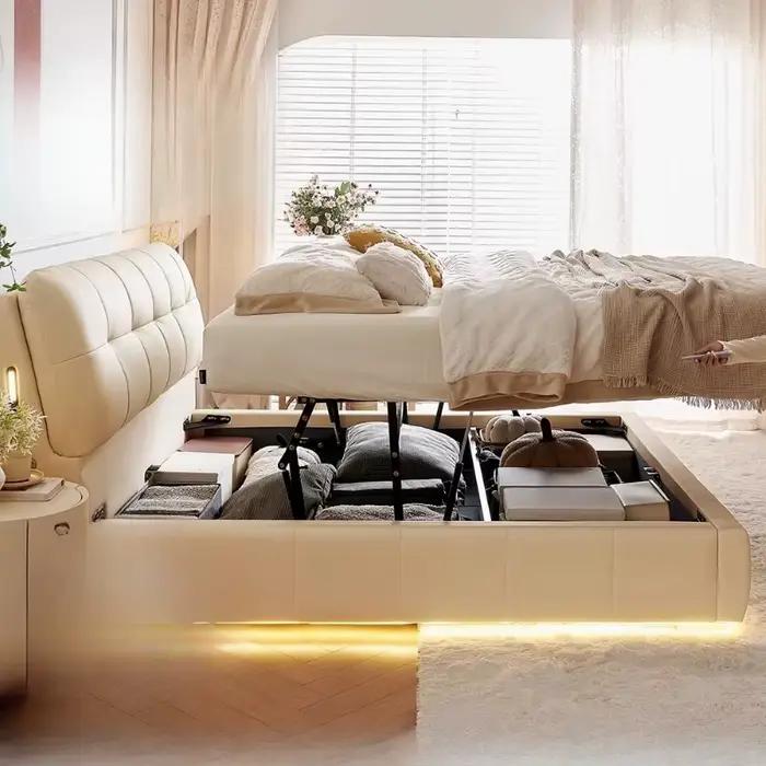 Lit De rangement Double multifonction moderne en cuir lit De luxe blanc minimaliste Camas De Matrimonio dortoir meubles De maison