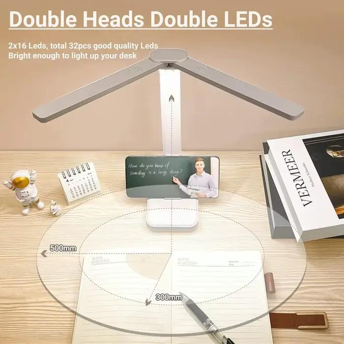 Lampe de bureau LED à double tête, veilleuse tactile à intensité variable à 3 niveaux, rechargeable par USB, protection des yeux, bureau de lecture de chevet pliable