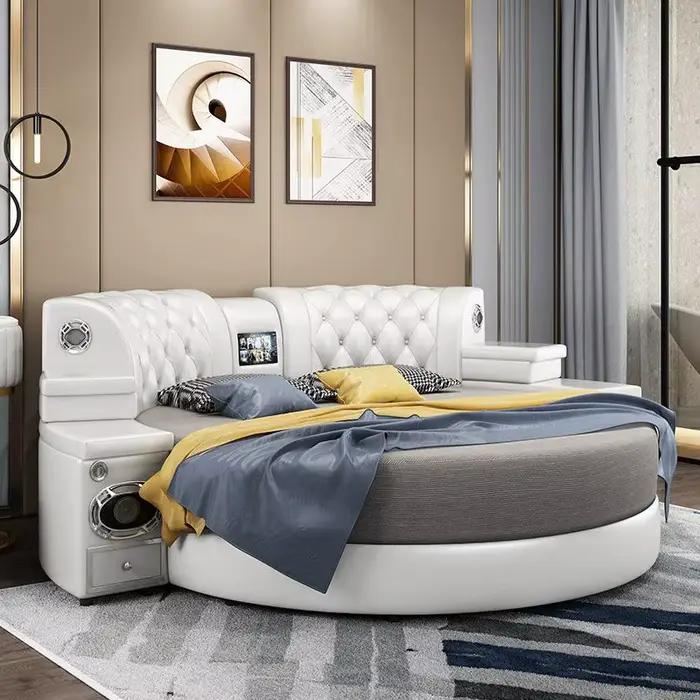 Lit Double rond de luxe rembourré en cuir