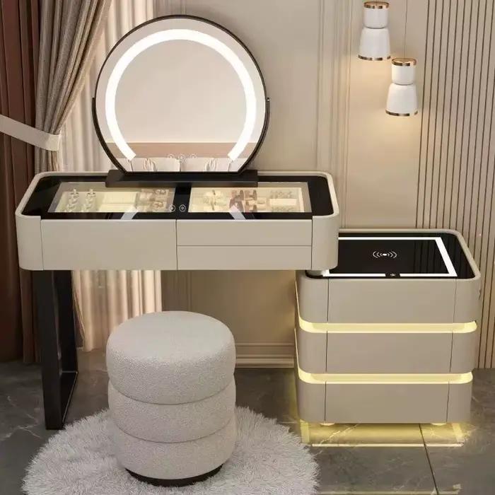 Coiffeuse moderne éclairée et extensible pour chambre à coucher avec miroir LED à 3 couleurs
