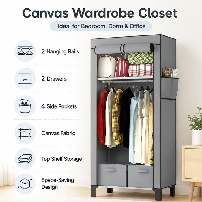 Armoire en toile grise avec 2 barres de suspension