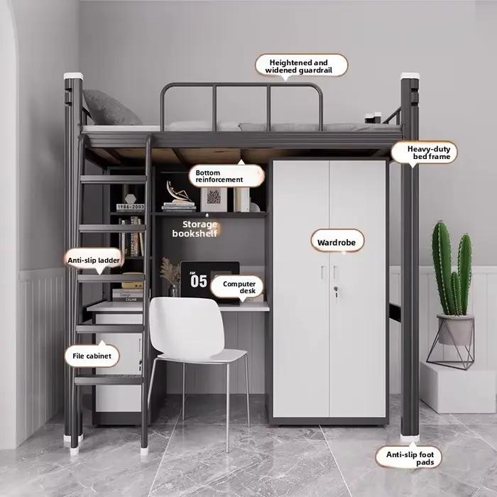 Lit supérieur Table inférieure lit combiné dortoir universitaire lit surélevé petit appartement ménage lit en fer forgé lit d'appartement