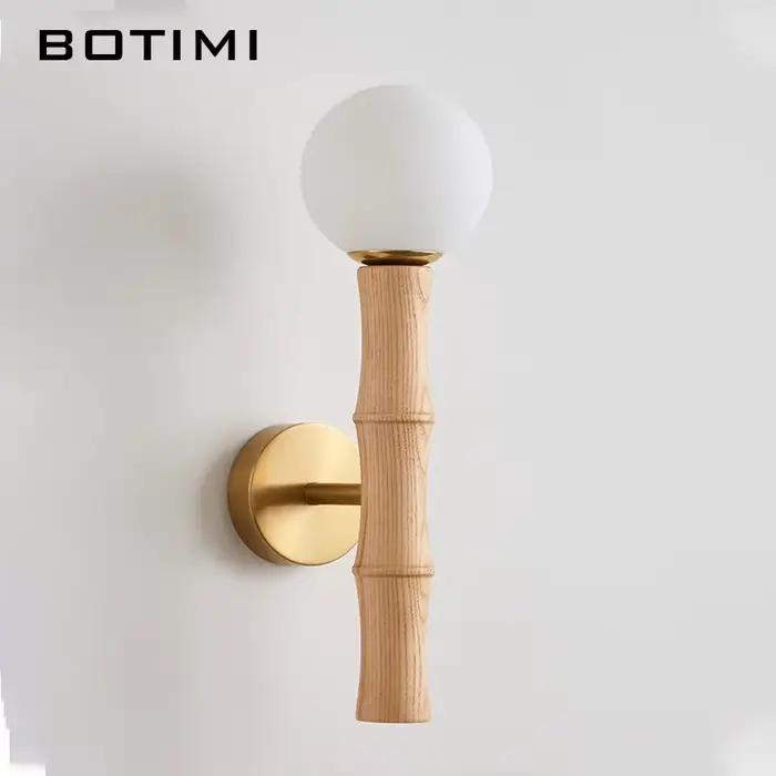 BOTIMI – applique murale ronde en bois massif, Base dorée, Luminaires de chevet modernes en verre, décoration nordique pour la maison (ampoule gratuite