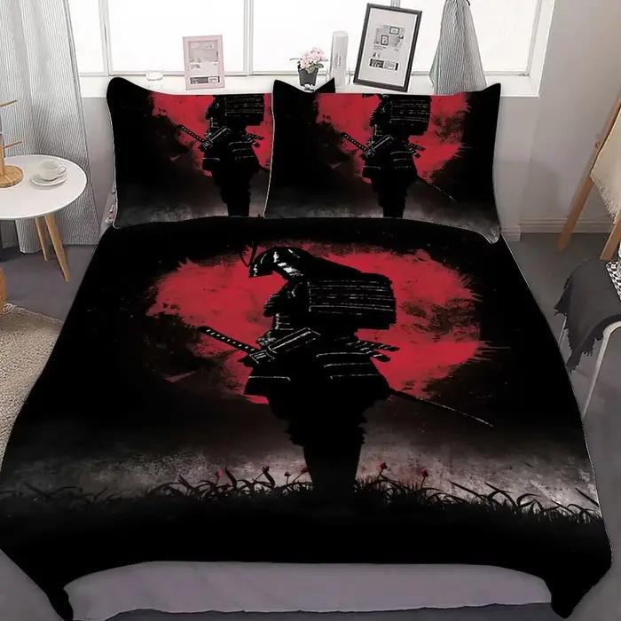 Parure de lit samouraï japonais King/Queen/pleine taille japon coucher de soleil paysage bâtiment Silhouette Polyester housse de couette hommes noir rouge