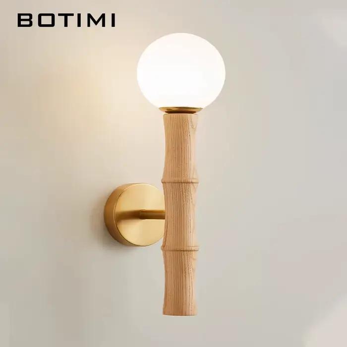 BOTIMI – applique murale ronde en bois massif, Base dorée, Luminaires de chevet modernes en verre, décoration nordique pour la maison (ampoule gratuite
