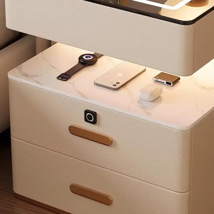 Veilleuse LED nordique, table de chevet minimaliste avec tiroir, armoire intelligente blanche, table de chevet moderne avec chargeur, meubles de nuit