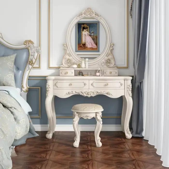 Coiffeuse de chambre à coucher de style français européen pour fille avec miroir LED et chaise