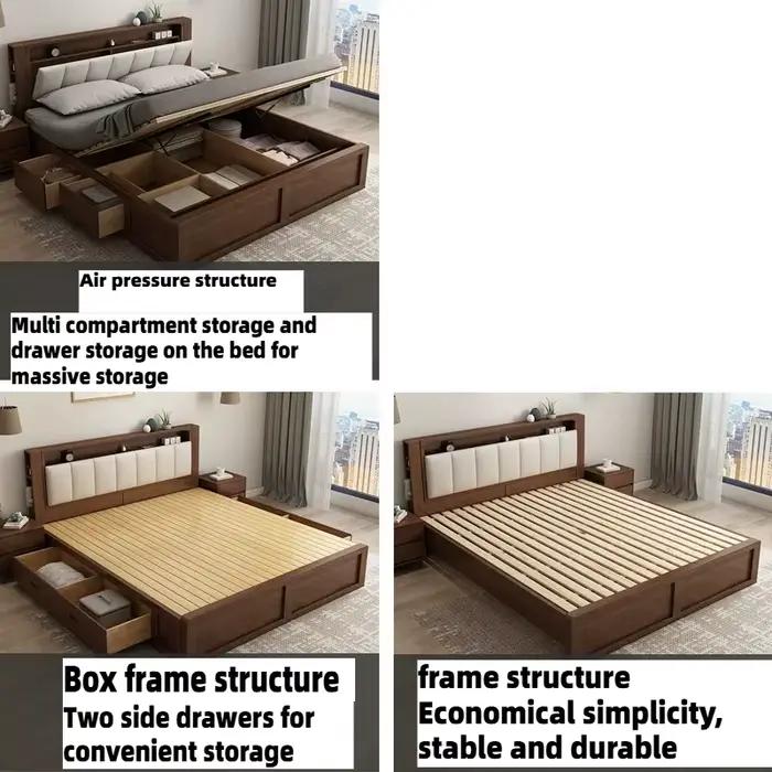 Lit double moderne nordique en bois massif avec rangement