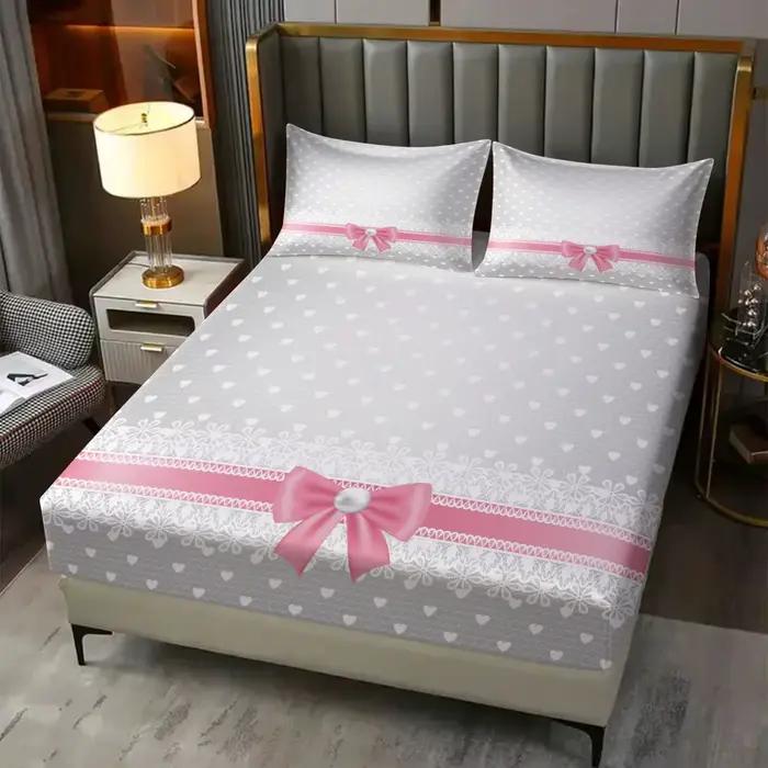 Ensemble de literie 3 pièces rose avec motif cœur en dentelle (1 drap-housse + 2 taies d'oreiller) – Parure de draps doux pour la décoration de chambre de fille