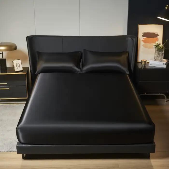 Kuup 100% Polyester 3 pièces surface satinée literie drap-housse et taies d'oreiller ensemble bande élastique autour du matelas housse de lit King