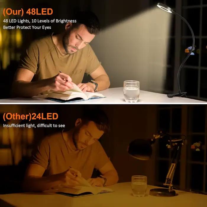360 ° Lampe de bureau Flexible à 48 led, Clip USB, lampe de chevet, Protection des yeux, col de cygne, lampe de lecture, luminosité réglable, 3 niveaux