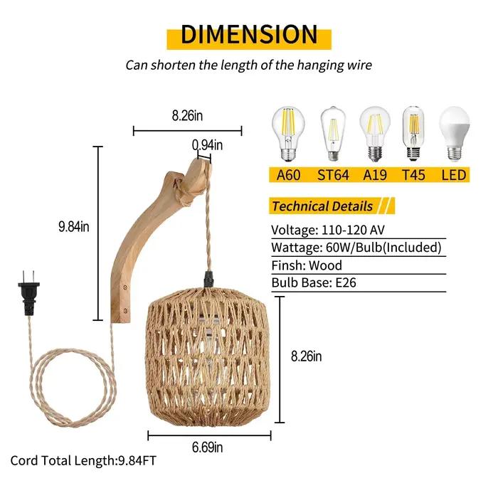 Led rotin applique chambre salon tissé lumière lampes de chevet E27 rétro chanvre corde lumières décoration intérieure luminaires