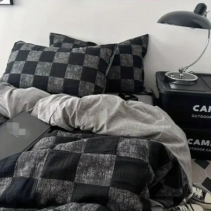 Parure de lit noire avec taies d'oreiller et drap plat à motif écossais