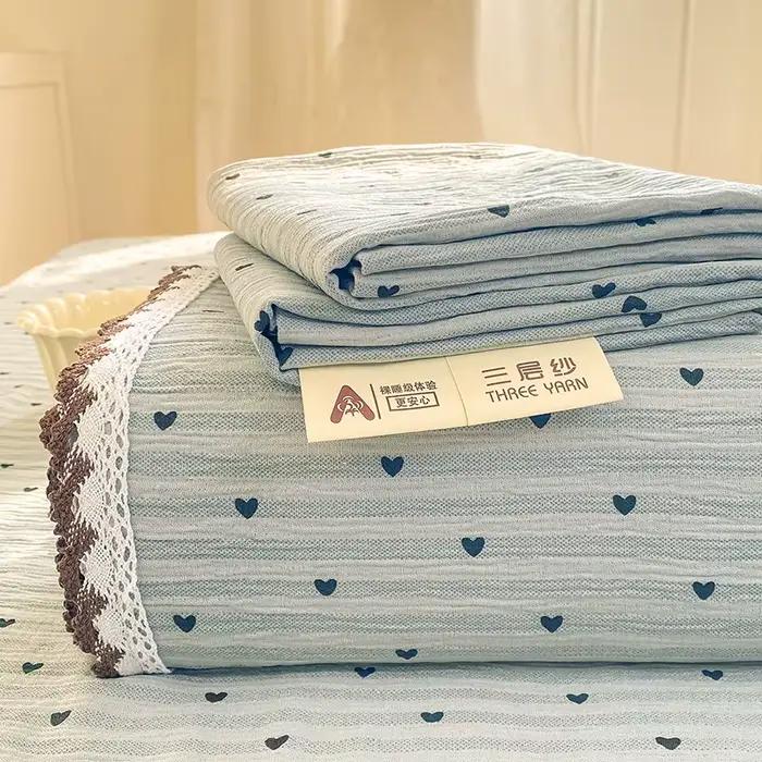 Nouvelle Arrivée 2026 – Drap de Lit en Tissu Crêpe avec Bordure en Dentelle – Conception Triple Couche