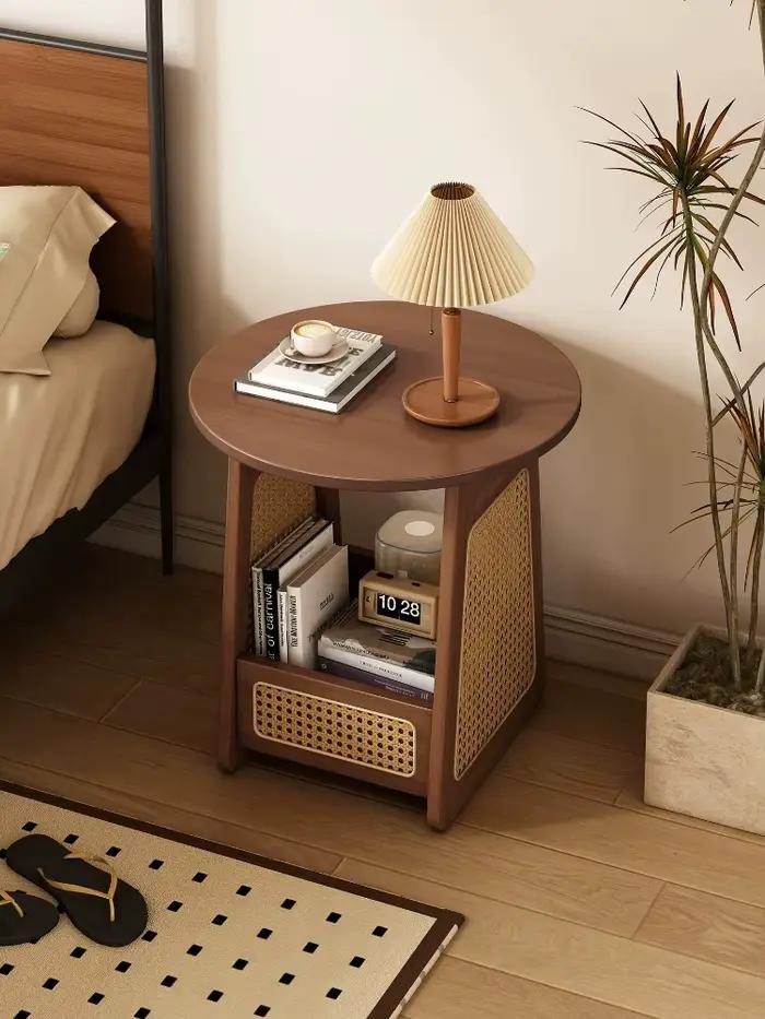 Table de chevet vintage en bois massif et rotin