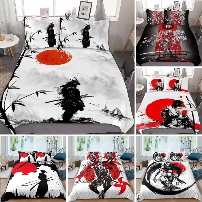 Parure de lit samouraï japonais King/Queen/pleine taille japon coucher de soleil paysage bâtiment Silhouette Polyester housse de couette hommes noir rouge