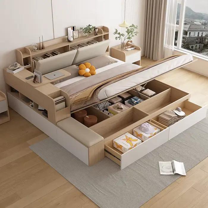 Lit minimaliste en bois esthétique japonais Double espace De rangement lit tables De nuit Tatami Somieres Y Marcos De Cama meubles De chambre