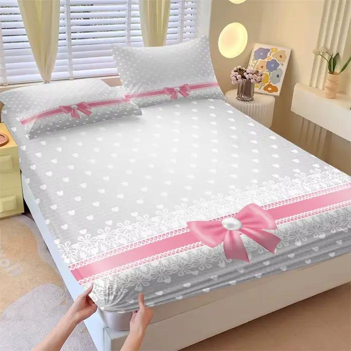 Ensemble de literie 3 pièces rose avec motif cœur en dentelle (1 drap-housse + 2 taies d'oreiller) – Parure de draps doux pour la décoration de chambre de fille