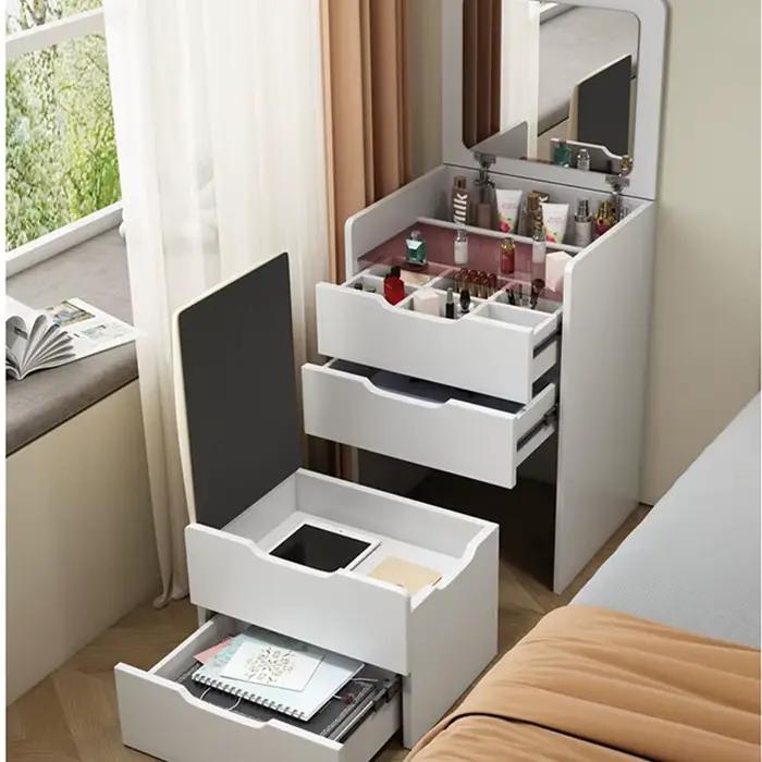 Table de maquillage moderne en bois avec lumières LED et petits rangements pour la chambre à coucher