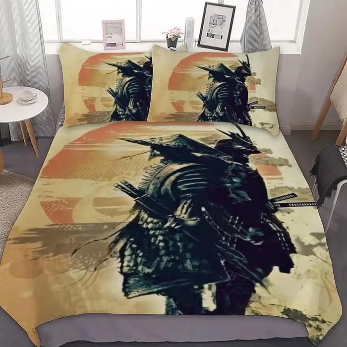 Parure de lit samouraï japonais King/Queen/pleine taille japon coucher de soleil paysage bâtiment Silhouette Polyester housse de couette hommes noir rouge