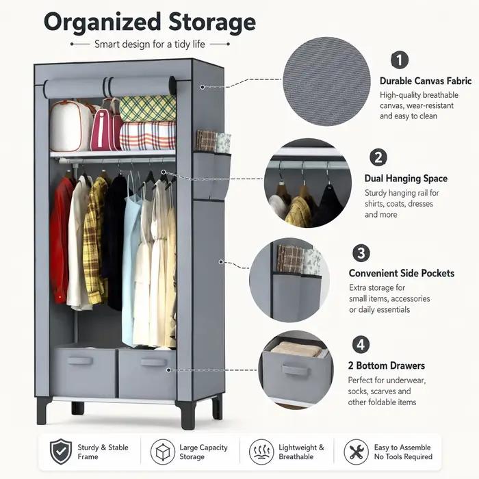 Armoire en toile grise avec 2 barres de suspension