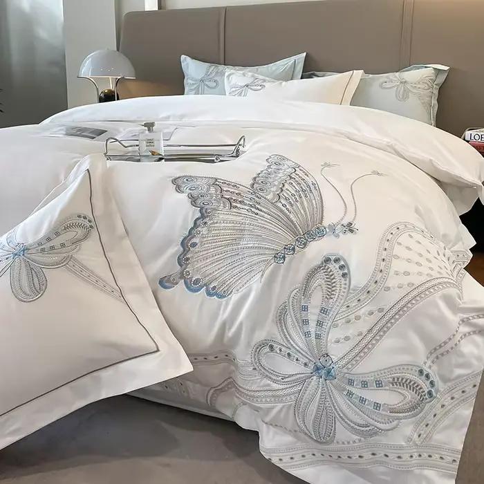 Parure de lit de luxe 100 % coton égyptien avec broderie papillon