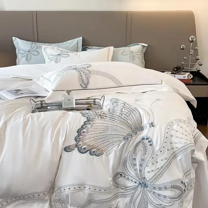 Parure de lit de luxe 100 % coton égyptien avec broderie papillon