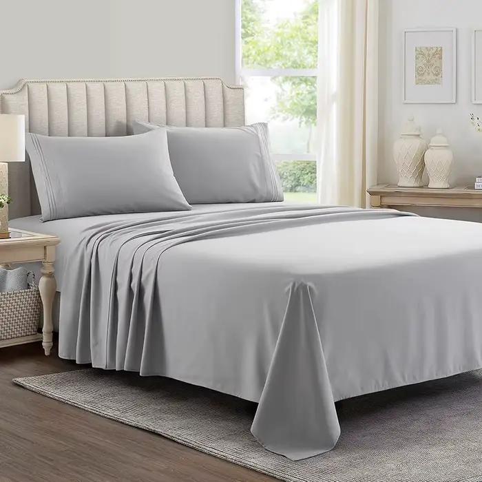 Battilo draps de lit Double 4 pièces ensemble drap plat ajusté avec taie d'oreiller luxe microfibre King Queen