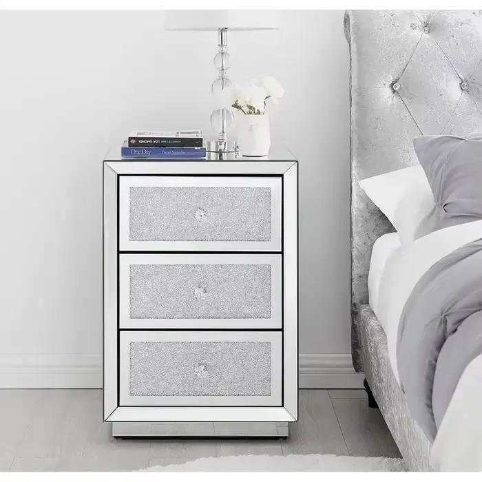 Mode de luxe moderne diamant concassé miroir 3 tiroirs rangement Table de chevet côté lit