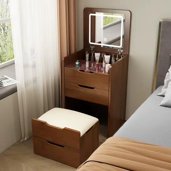Table de maquillage moderne en bois avec lumières LED et petits rangements pour la chambre à coucher