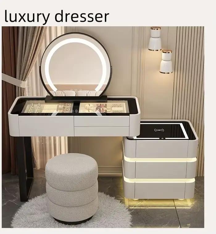 Coiffeuse moderne éclairée et extensible pour chambre à coucher avec miroir LED à 3 couleurs